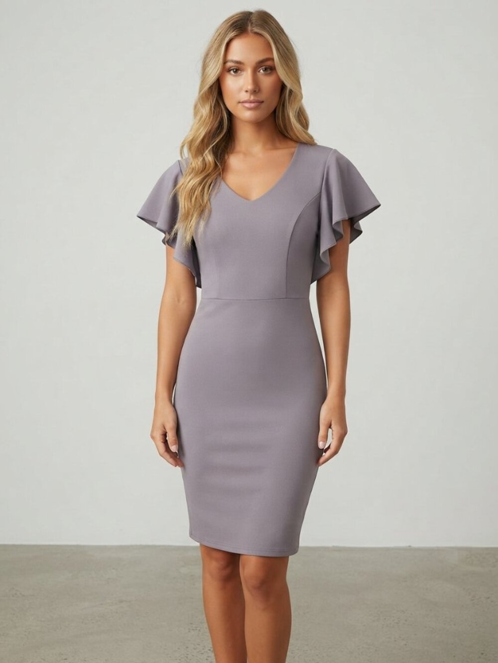 NEW Mikarose Lavender Gray V-Neck Ruffle Nixon Midi Dress Small 39907